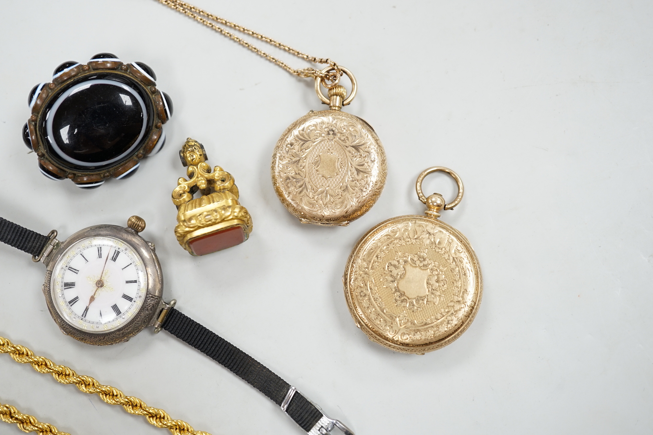 A modern 9ct gold rope twist chain, 39.5cm, 7.8 grams, two 14k fob watches, one with enamelled chapter ring, a silver wrist watch, agate brooch and a gilt metal fob seal.